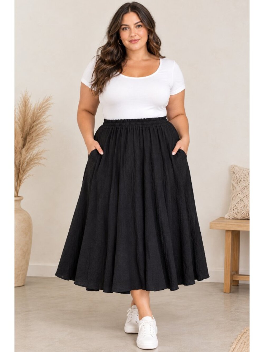 Dairi Black Midi Skirt Size XL Cotton & Rayon Pockets Elastic Waist Casual Soft
